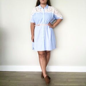 Plus size pinstripe lace shoulder office work dres